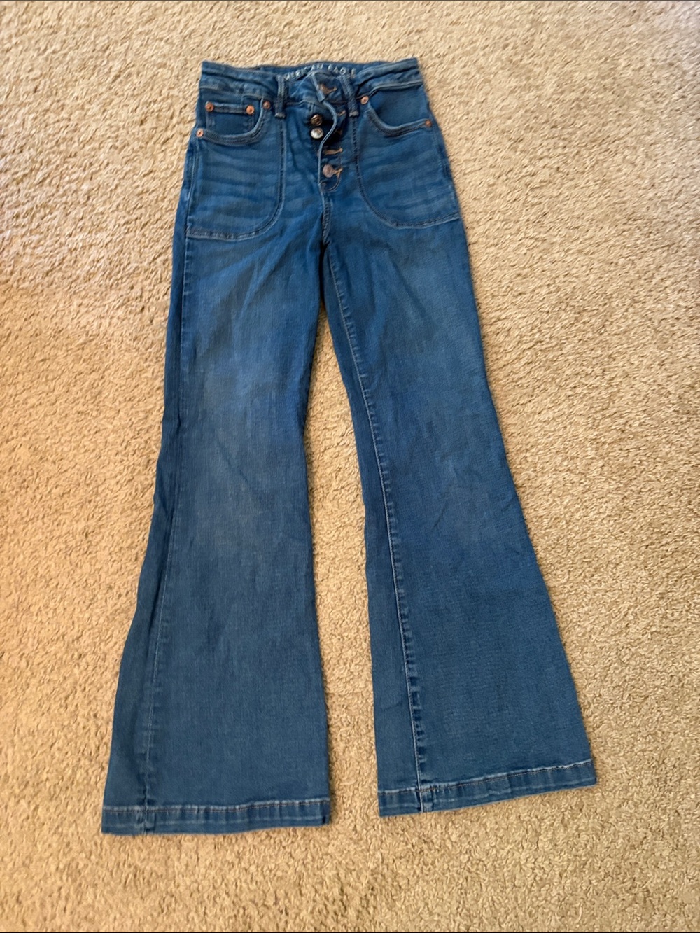 American Eagle Outfitters High-Rise Wide Flare Jeans in Denim Blue - short